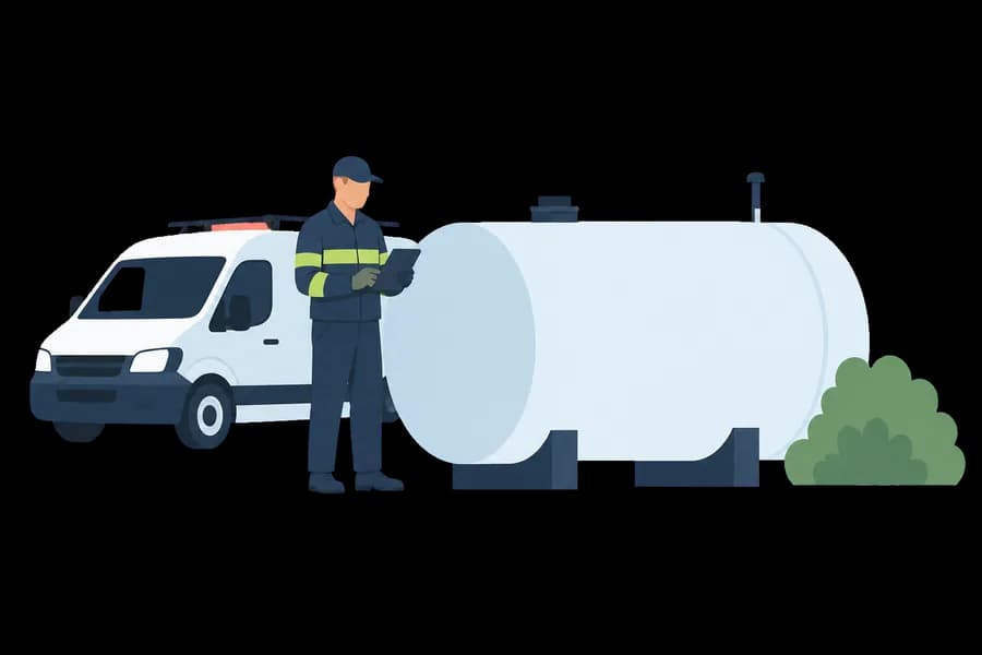 Illustration of a technician assessing a domestic oil tank beside a service vehicle